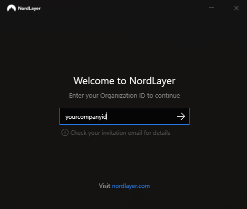 Entering your Organization ID in the NordLayer app