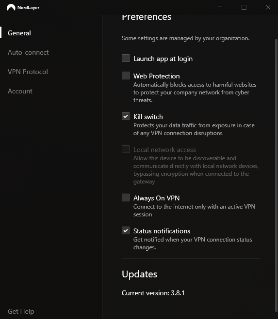 NordLayer General settings