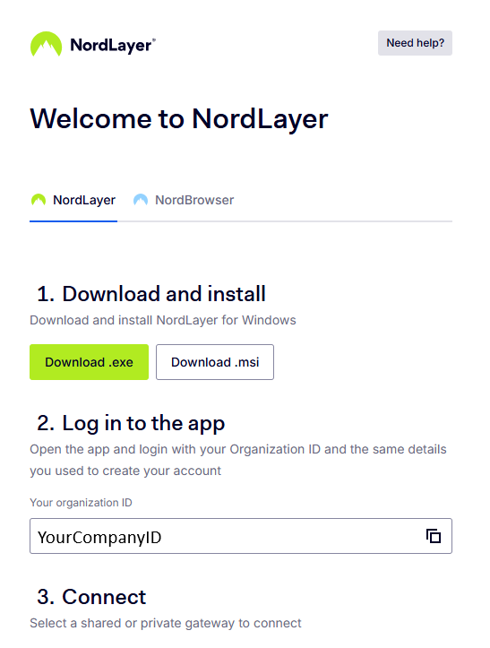 NordLayer web download page